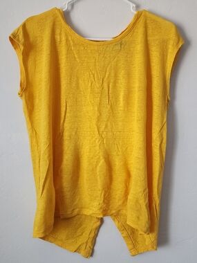 Tahari Bright Yellow Cap Sleeve Linen Top Sz L High-low Hem Canary Yellow